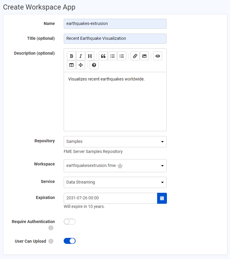 Create Workspace App filled out